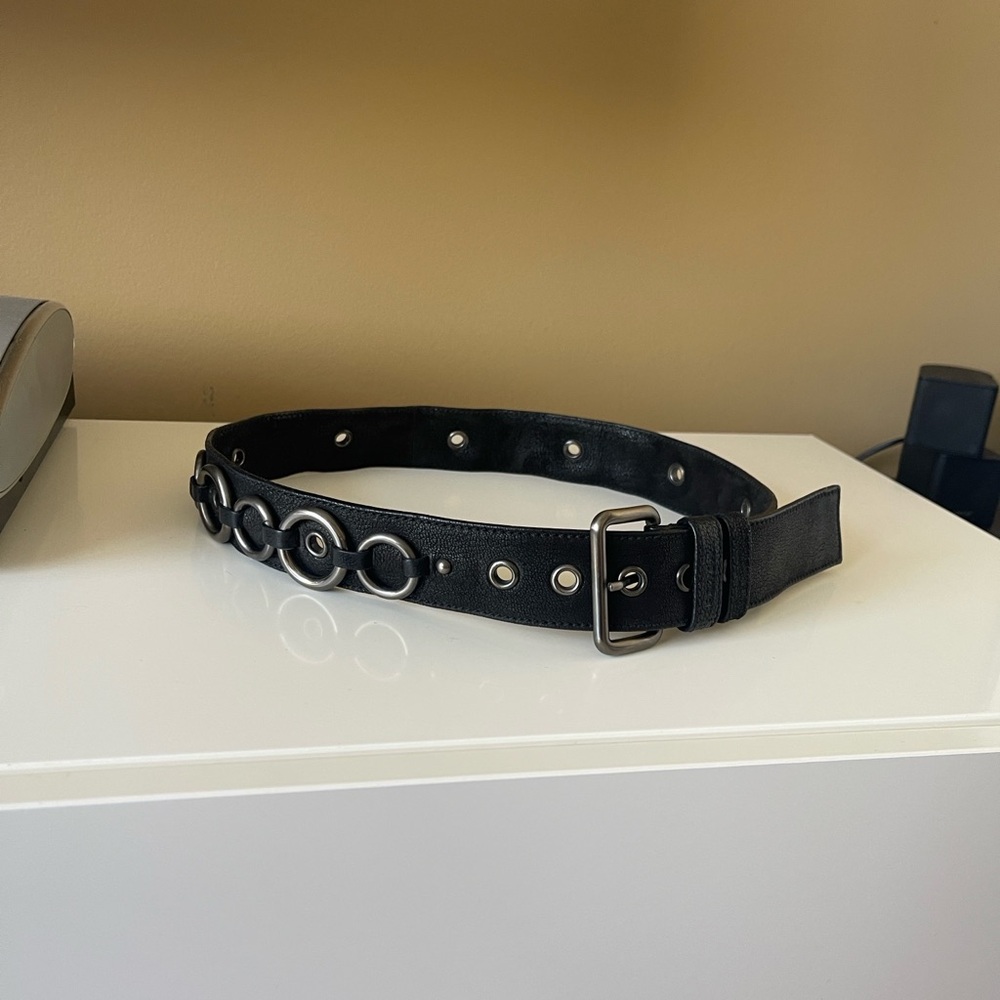 PRADA Black Leather Belt with Dark Silver Buckle and Metal Circle Accents - Picture 8 of 11